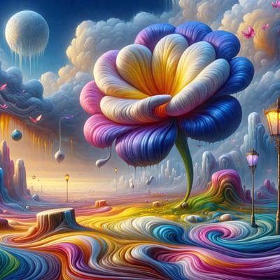The primary subject of the image is a large, colorful flower with a purple center, surrounded by a vibrant and whimsical landscape. The setting includes a tree, a lamp post, and a variety of other elements that contribute to the overall atmosphere. The visual style of the image is a combination of digital art and illustration, creating a unique and imaginative scene. The dominant colors in the image are purple, pink, yellow, and blue, which together evoke a sense of joy and creativity.